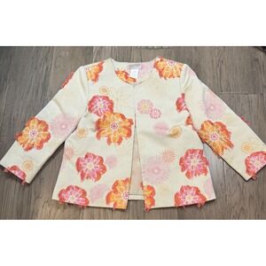 Robert Kitchen Women M Jacket Floral Pink Orange Textured Fringe Made In Canada